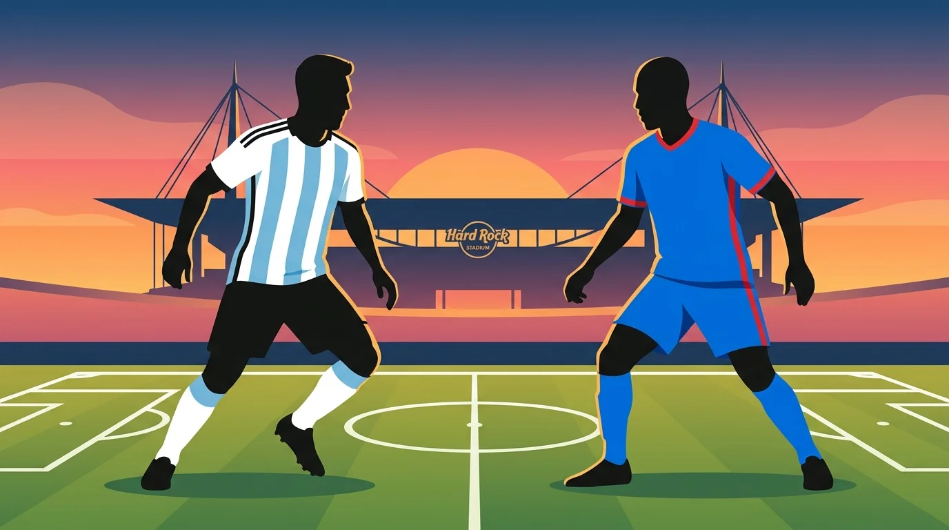 Zwei Spieler-Silhouetten — eine in den weißen Hemden Argentiniens, eine in den blauen von Kap Verde — vor einem stilisierten Stadion-Backdrop in Miami