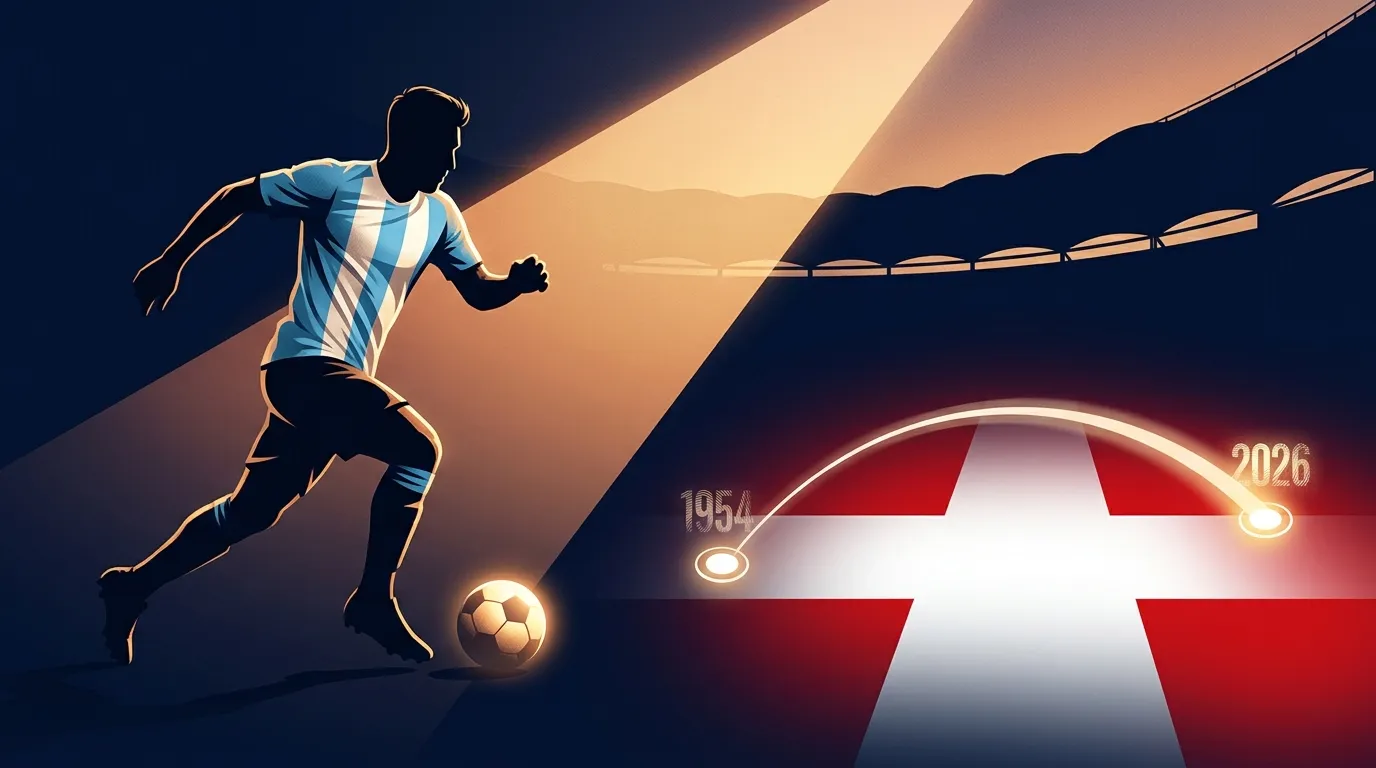 Editorielles Sportposter mit einer Zeitleiste, die 1954 (Nati-Emblem) und 2026 (Schweizer Kreuz) verbindet, und einem kleinen Sturm-Silhouette in Argentinien-Weiß-Blau