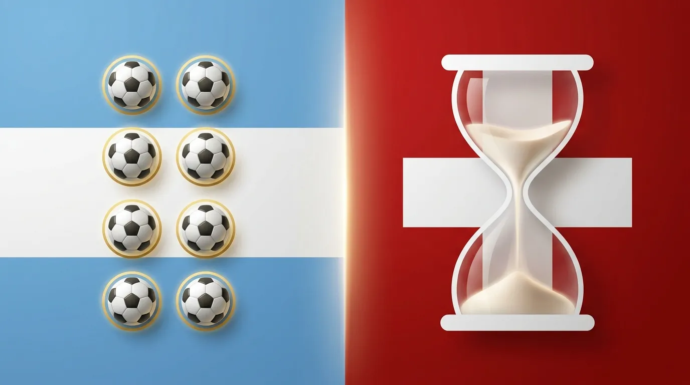 Vergleichs-Grafik zwischen Argentiniens 8 Turniertoren und Messis Bilanz vs Schweizer Kreuz mit 72-Jahre-Countdown