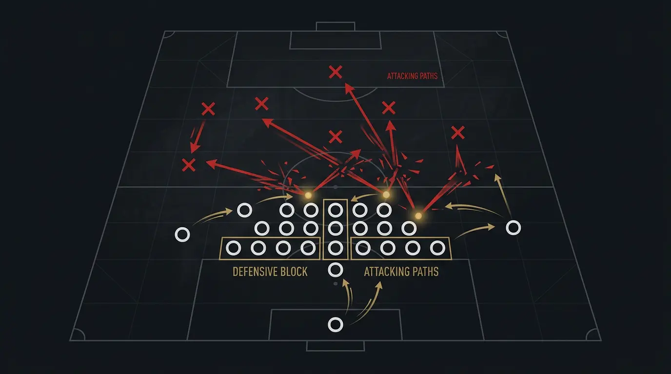 Stilisierte Taktiktafel mit dem deutschen Spielaufbau gegen eine tiefe Defensive