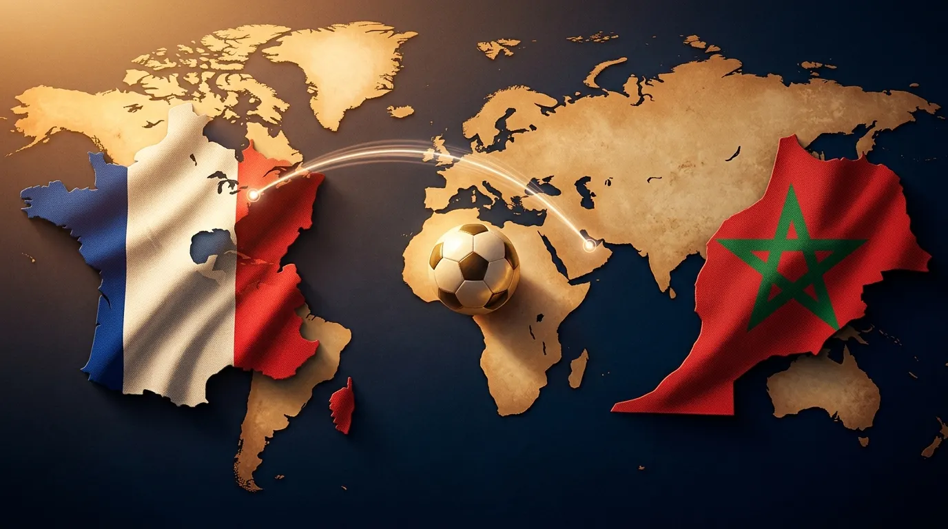 Editorielles Sportposter mit einer stilisierten Weltkarte und einem Pfeil, der von Al-Chaur/Katar 2022 nach Foxborough 2026 führt, überlagert mit zwei abstrakten Trikot-Farben in Blau und Rot