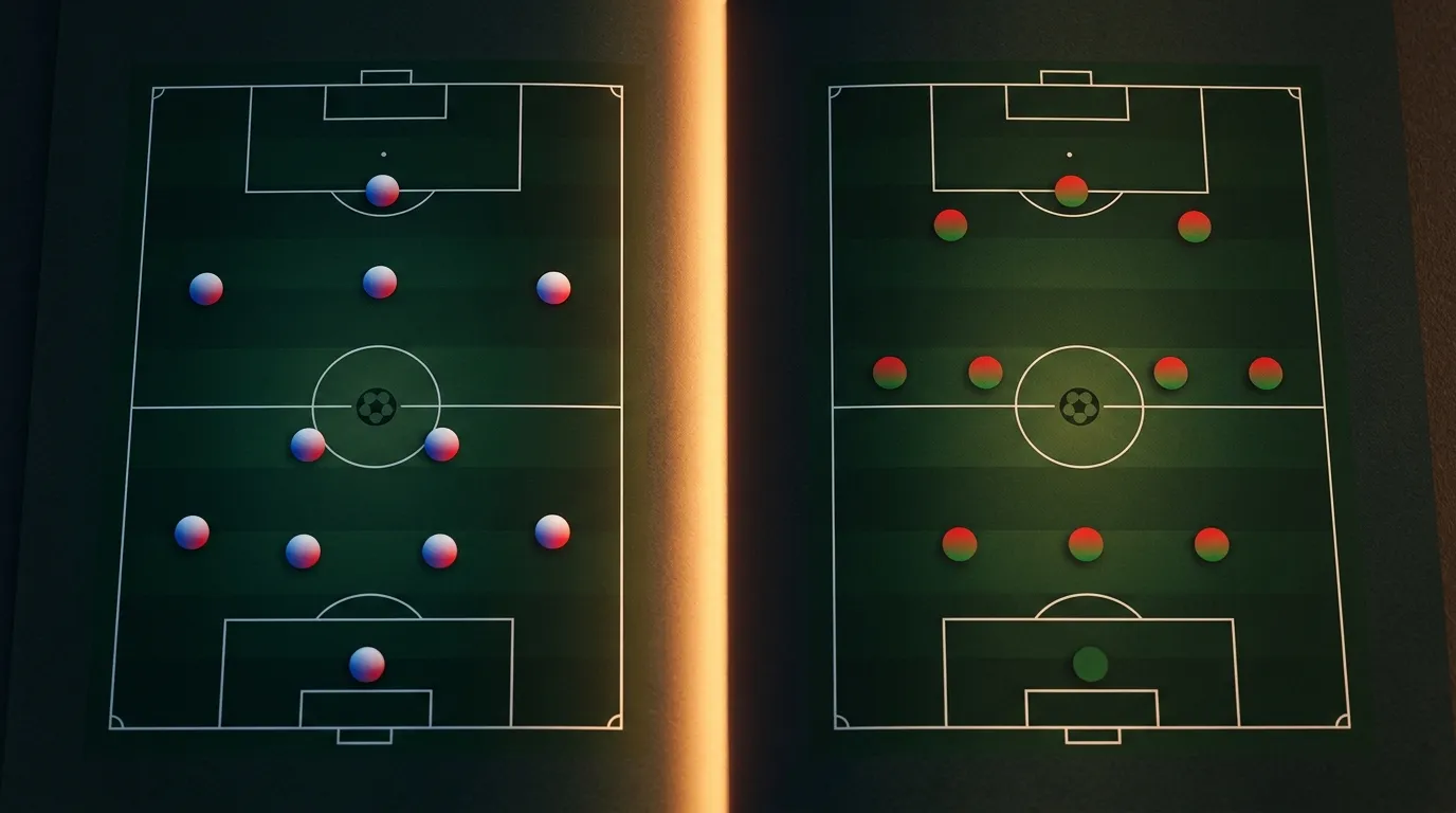 Kompaktes taktisches Diagramm mit zwei Formations-Silhouetten 4-2-3-1 gegen 3-4-3, geteilt durch eine vertikale Linie mit einer stilisierten Sonnenuntergangs-Beleuchtung