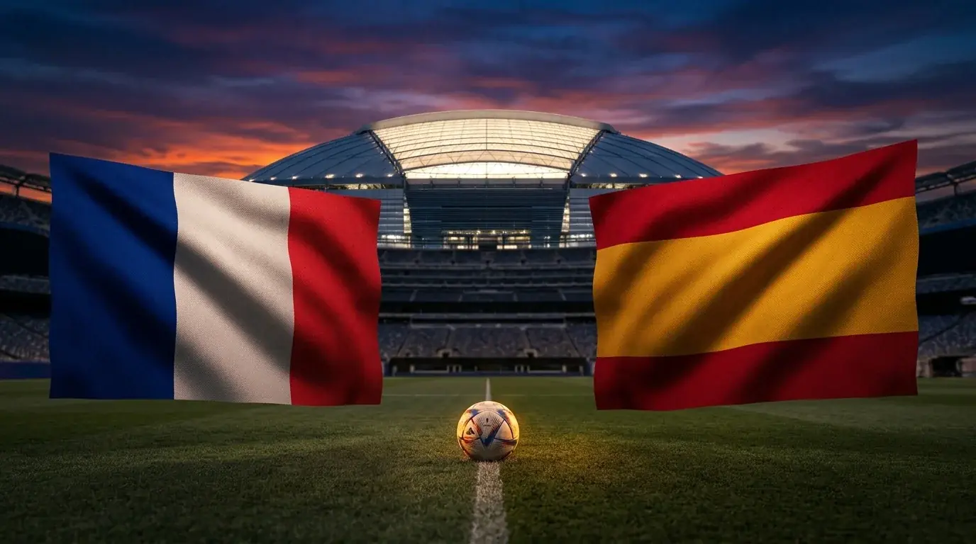Editorielles Sportposter mit zwei abstrakten Trikot-Farbfeldern in Blau-Weiß-Rot und Rot-Gold, die sich vor einer stilisierten Stadion-Silhouette mit geschlossenem Dach gegenüberstehen