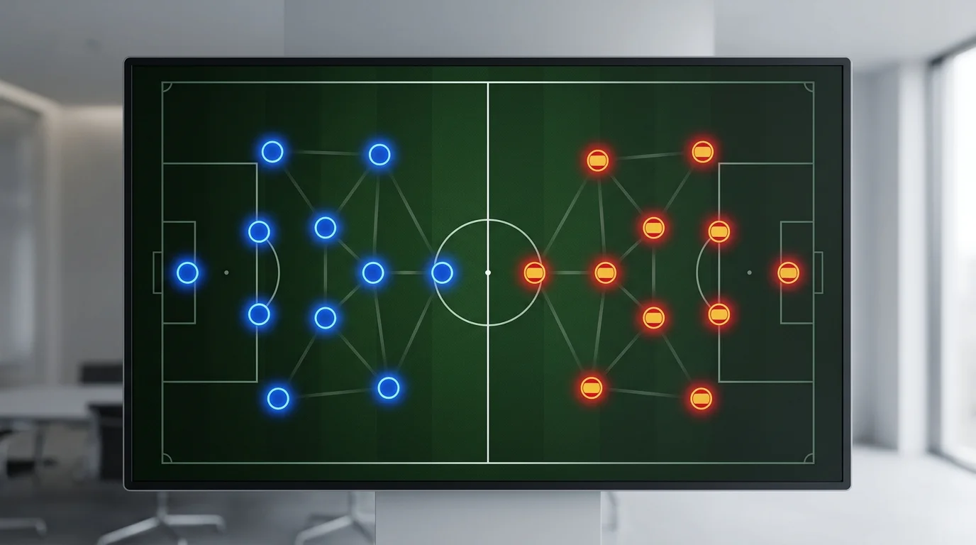 Kompaktes taktisches Diagramm mit zwei 4-2-3-1-Formations-Silhouetten, geteilt durch eine vertikale Mittellinie, in Blau und Rot gehalten