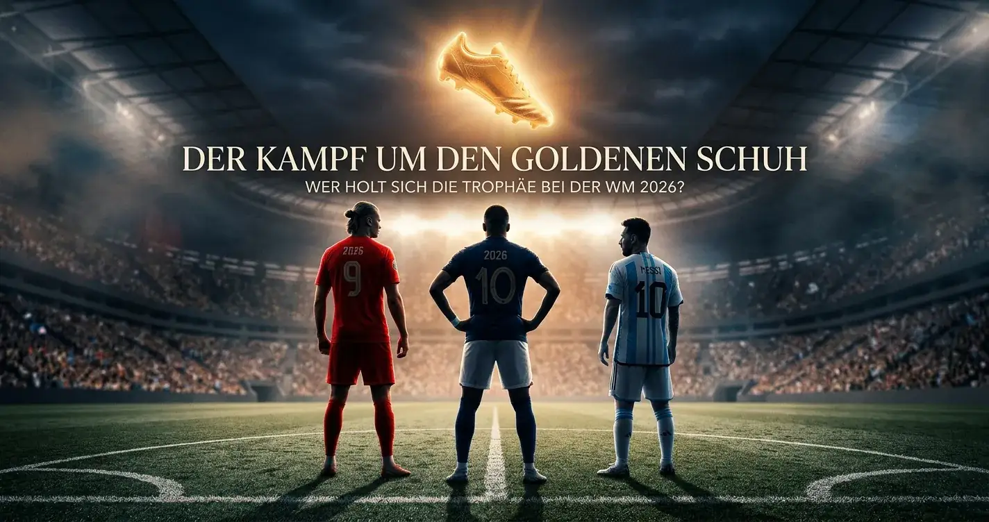 Editorial-Illustration mit drei Spieler-Silhouetten unter einem Golden-Boot-Trophy-Umriss
