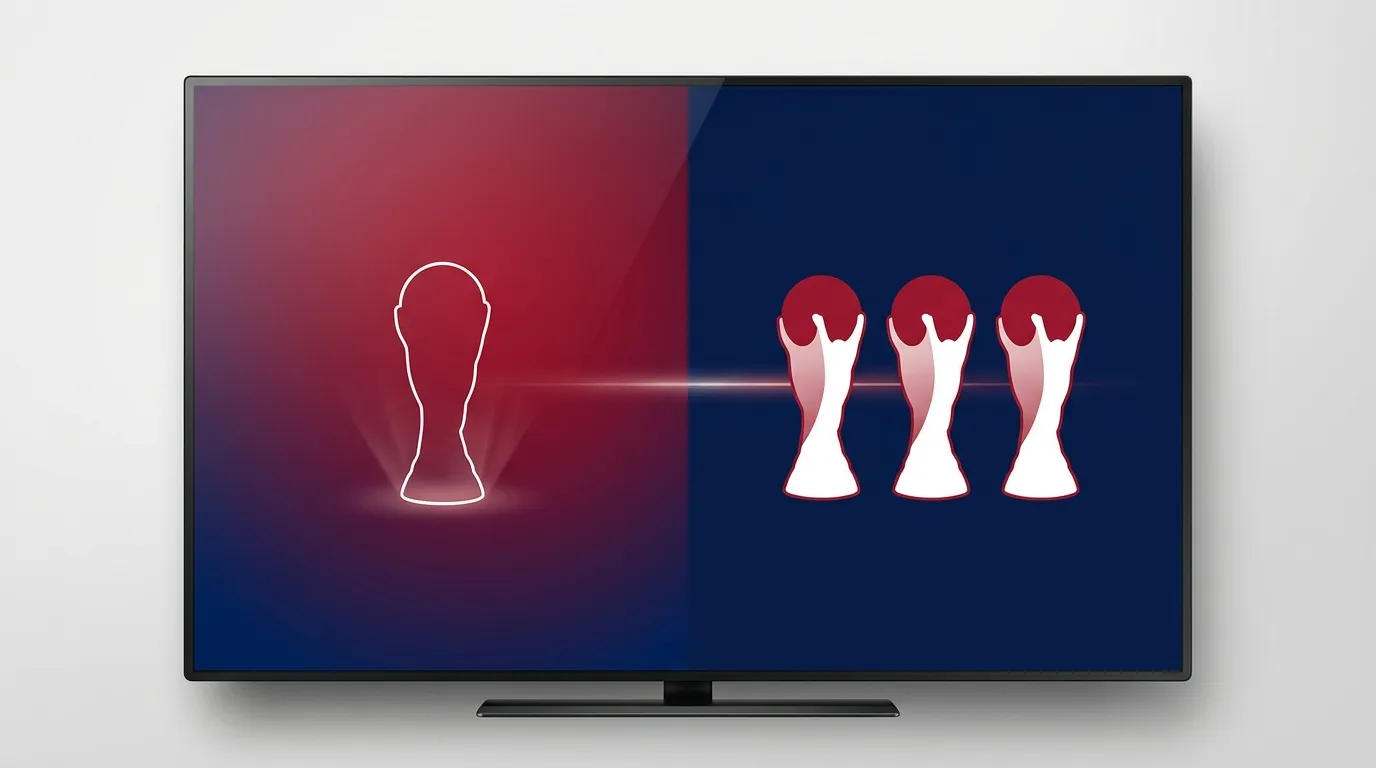 Vergleichs-Grafik zwischen Norwegens historischer WM-Bilanz (leerer Trophäenraum) und Englands drei aufeinanderfolgenden QF-Teilnahmen (2018, 2022, 2026)