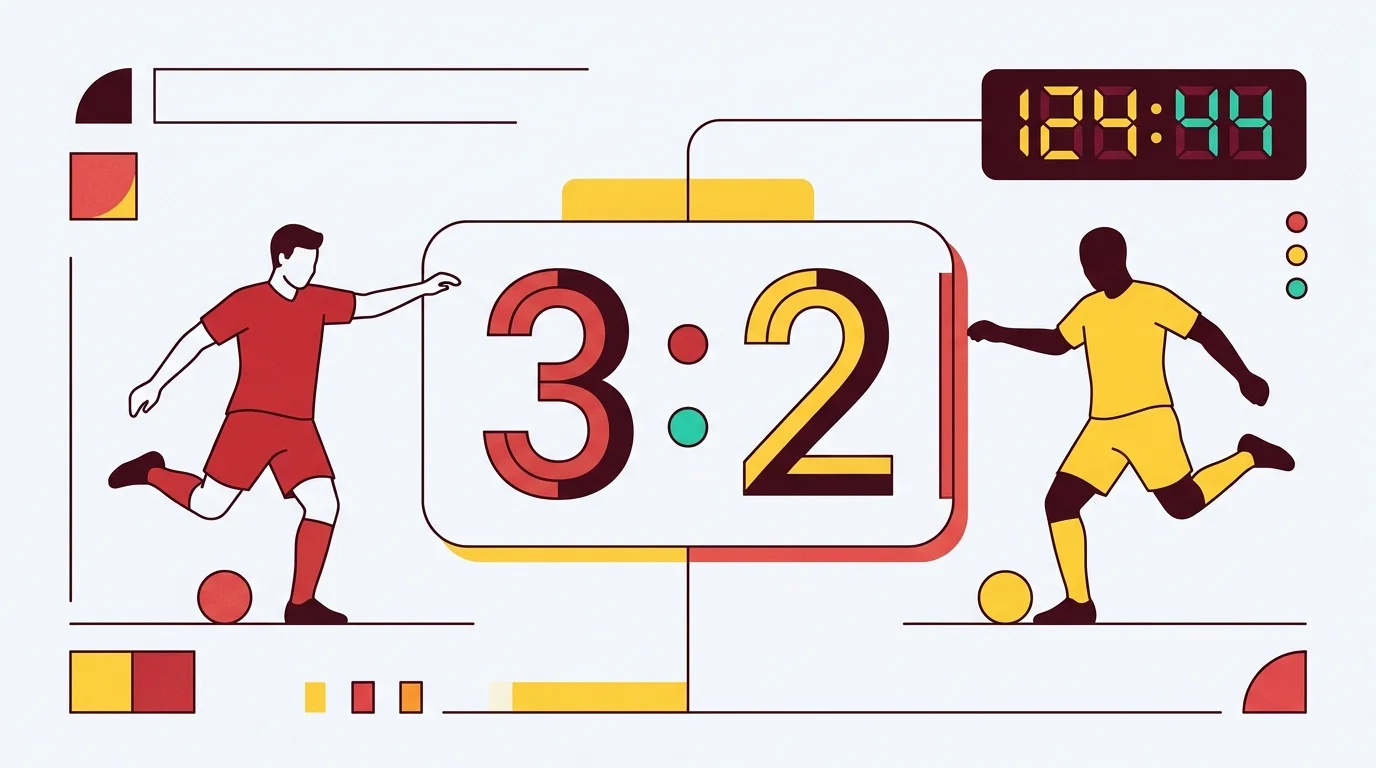 Stilisierter Spielbericht-Bildschirm mit Ergebnis 3:2 und Zeitmarke 124:44