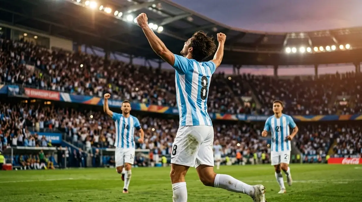 Argentinischer Spieler im hellblau-weiß gestreiften Trikot bejubelt einen Treffer
