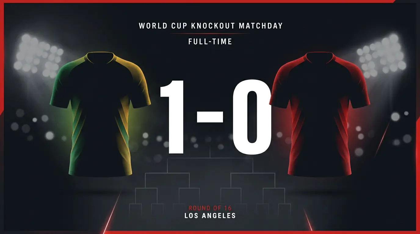 Stilisierte Anzeigetafel mit dem 1:0-Endstand und einem K.-o.-Baum zur WM 2026
