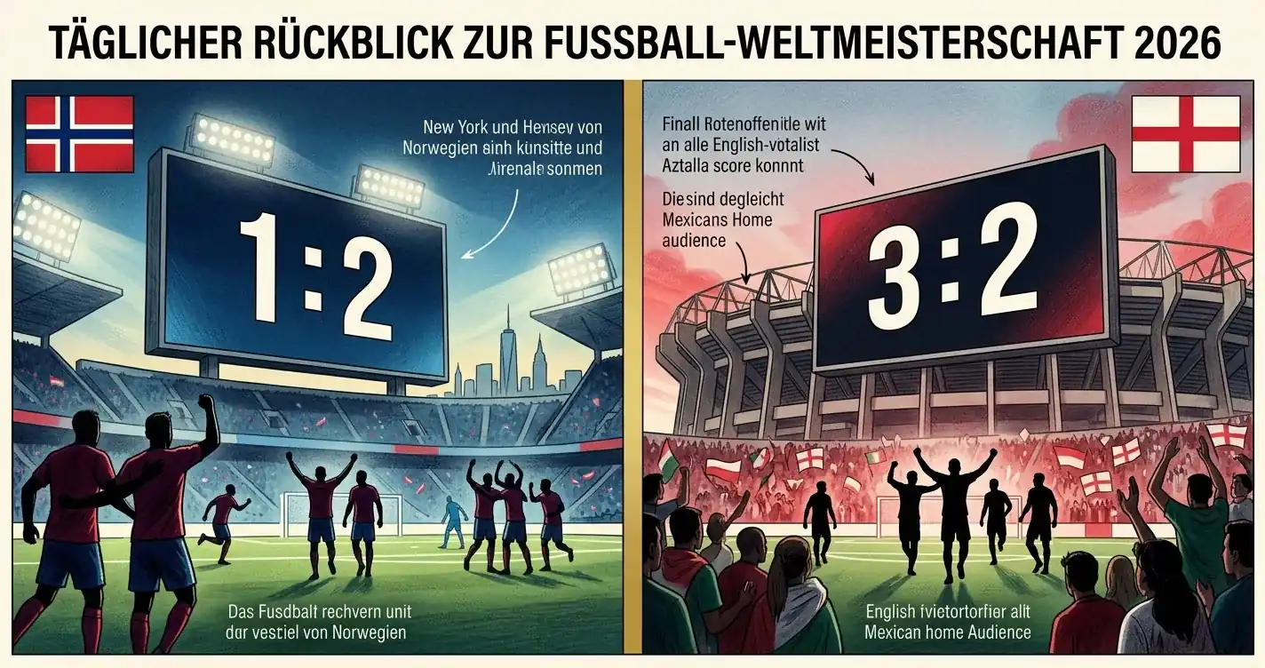 Kollage aus zwei Stadionpanoramen mit Anzeigetafeln 2:1 Norwegen und 3:2 England