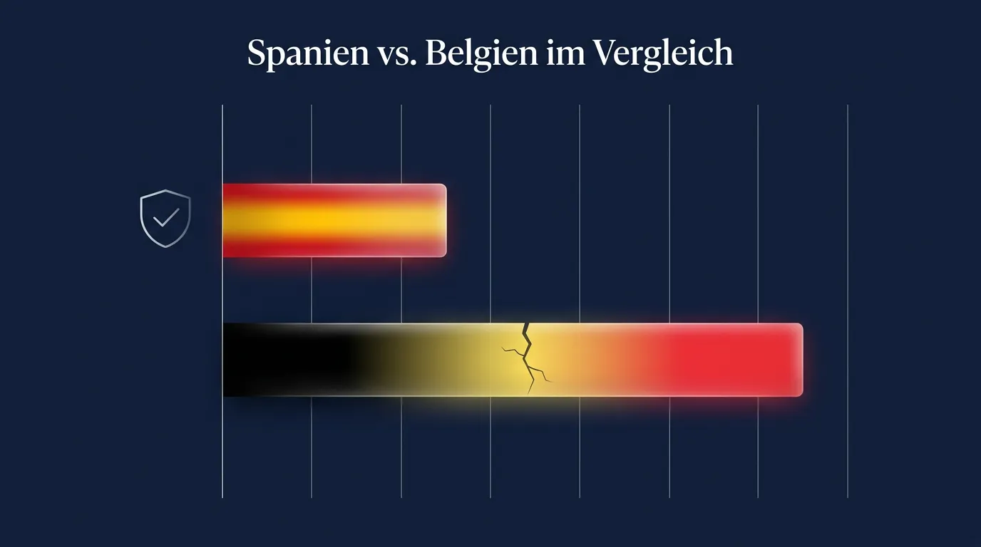 Vergleichs-Balken zwischen zwei defensiven Statistiken: Spaniens Null-Gegentore-Serie vs Belgiens Torvolumen mit einem eingezeichneten Riss-Symbol für den Onana-Ausfall