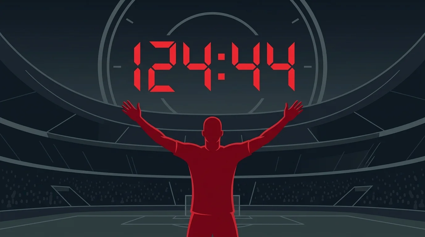 Stilisierte Stadionuhr mit roter 124:44-Anzeige über einem Fußballfeld mit jubelnden Silhouetten in belgischem Rot