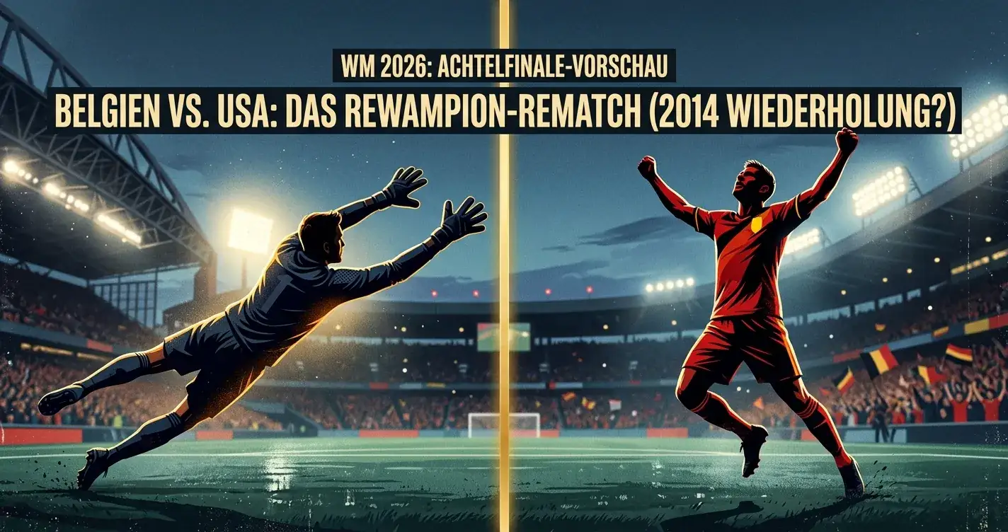 Editorial-Poster mit Silhouetten eines Torwarts mit ausgestreckten Handschuhen und einer roten Fahnenschwenkerei-Szene, geteilt durch einen goldenen Balken