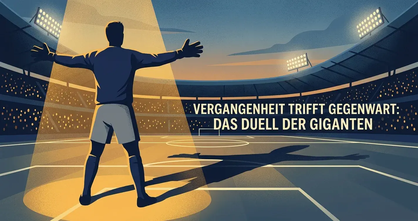 Historisches Bild-Homage: gestylte Torwart-Silhouette mit ausgestreckten Handschuhen im Vordergrund, dahinter ein moderner Stadion-Grundriss