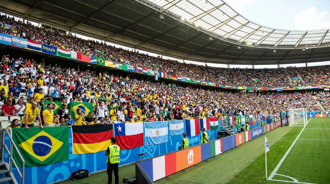 Blick auf ein gefülltes WM-Stadion mit Nationalflaggen der teilnehmenden Mannschaften auf der Tribüne