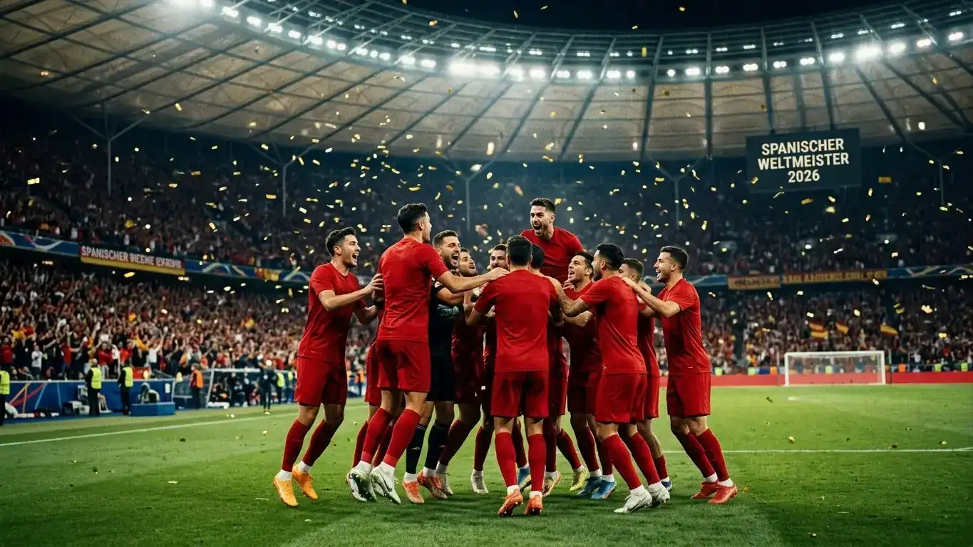 Spanische Spieler jubeln nach dem WM-Sieg im MetLife Stadium, Konfetti in der Luft, Furia Roja-Trikots