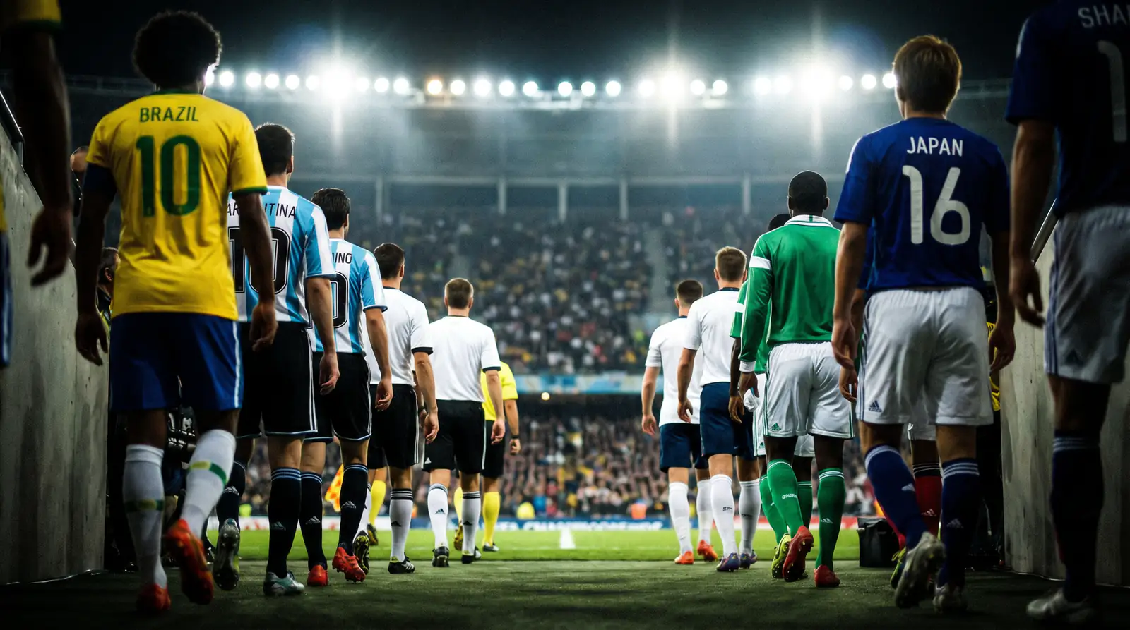 Fußballspieler verschiedener Nationalmannschaften beim Einlaufen vor einem WM-Gruppenspiel