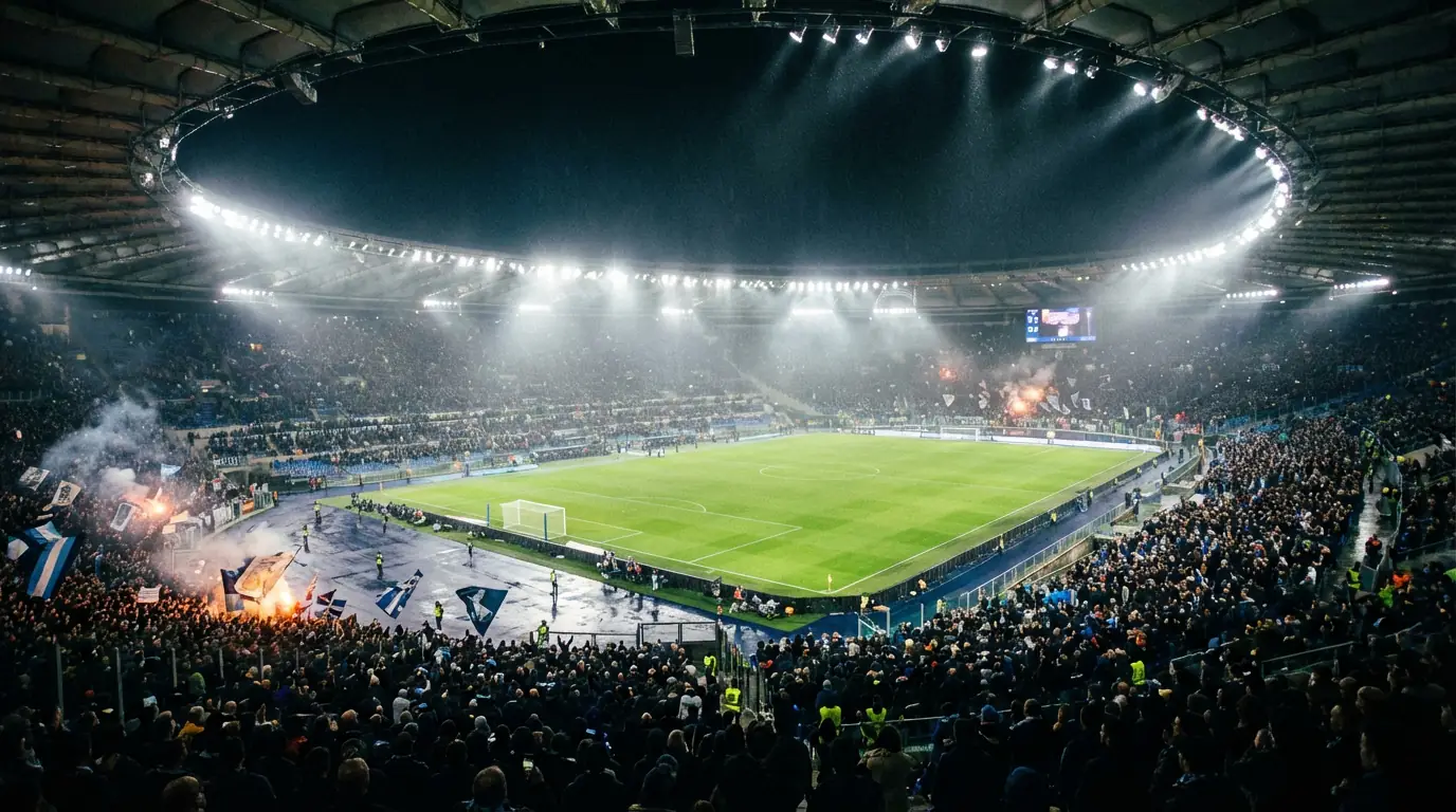 Abendliches Fußballstadion mit Flutlicht und vollen Rängen während eines WM-Spiels