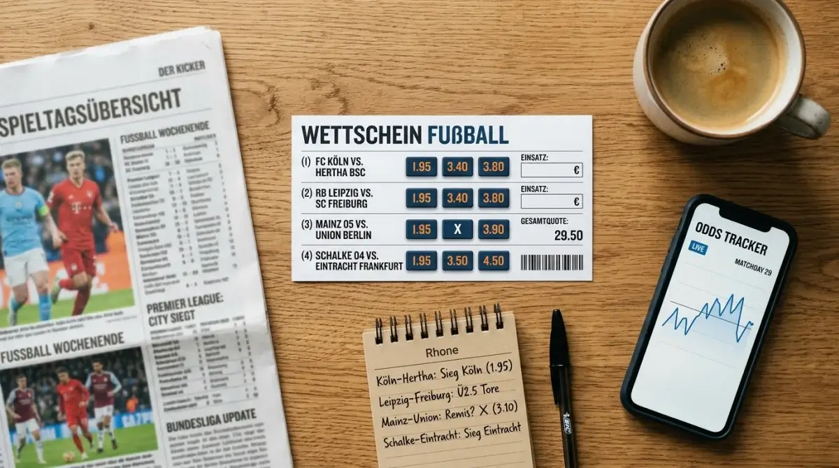Wett-Coupon mit vier Tipps und Quoten für den 23. Juni 2026 auf einem Tisch mit Notizen