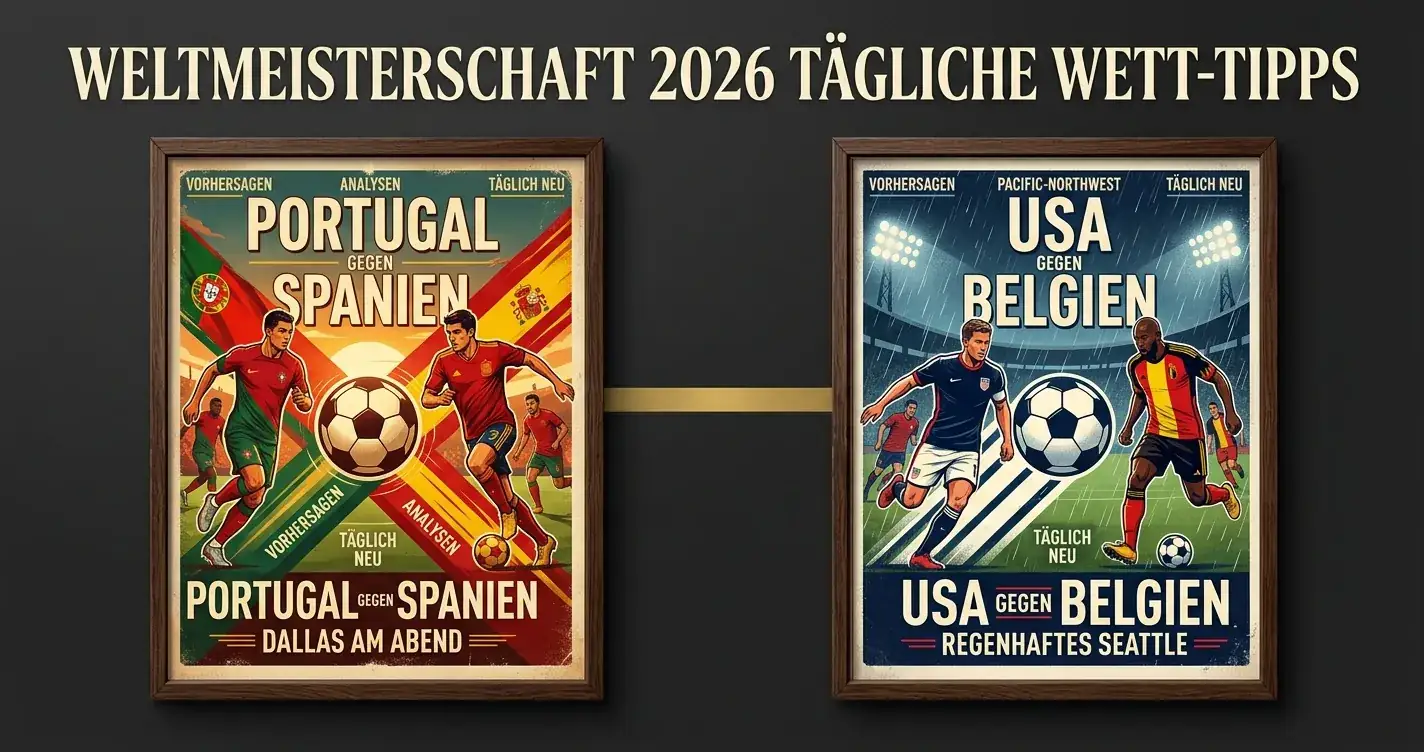 Zwei nebeneinander gestellte Achtelfinal-Poster mit den Flaggen von Portugal, Spanien, USA und Belgien im Vintage-Sport-Look