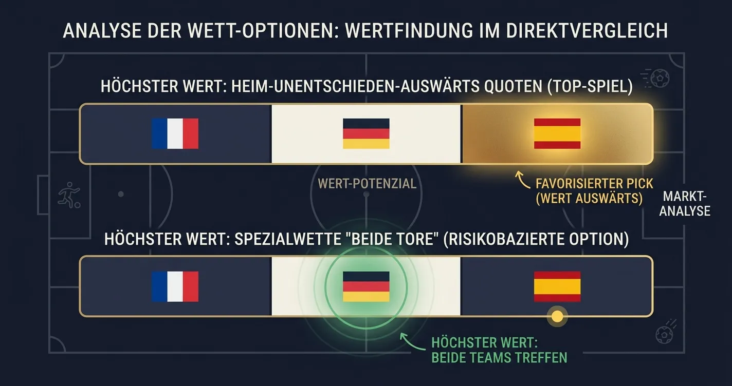 Zwei nebeneinander gestellte 1X2-Quotenbalken mit Value-Zonen für Spanien und BTTS-Wette markiert